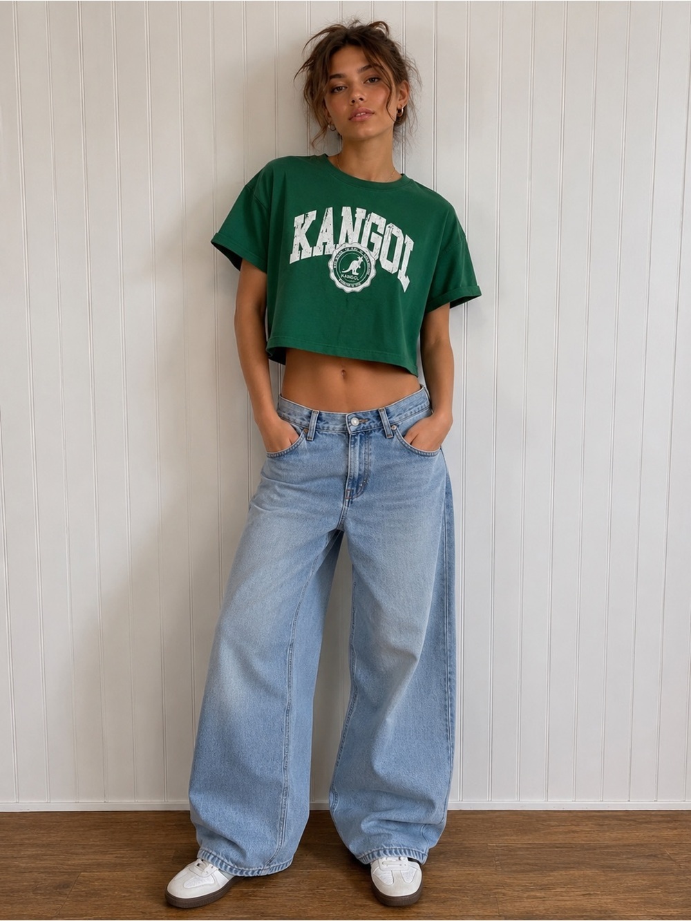 Kangol‎ Cropped Tee Y2K Streetwear Graphic Green Casual Retro